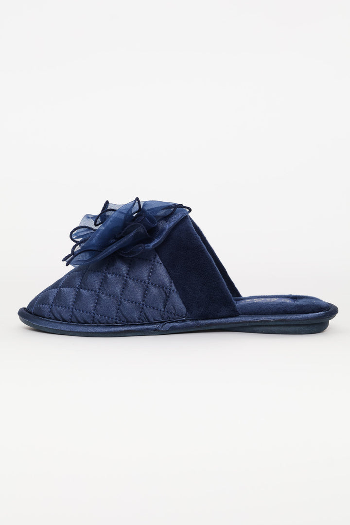 Bow Quilted Closed Toe Slipper - Navy