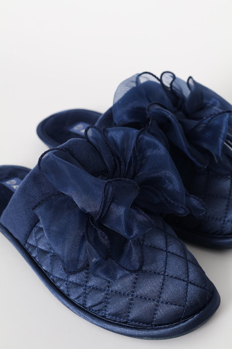Bow Quilted Closed Toe Slipper - Navy