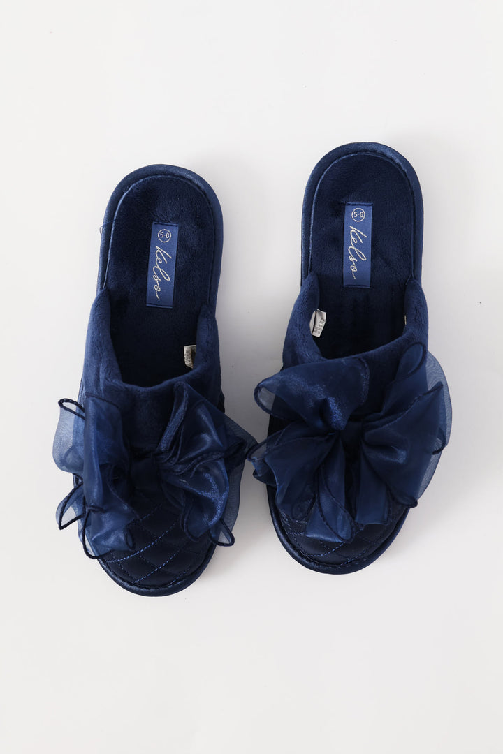 Bow Quilted Closed Toe Slipper - Navy