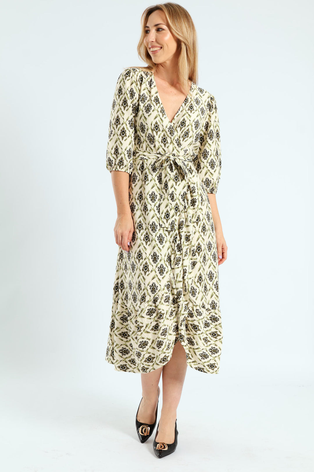 3/4 Sleeve Mock Wrap Frill Hem Midi Dress - Fatigue/Stone