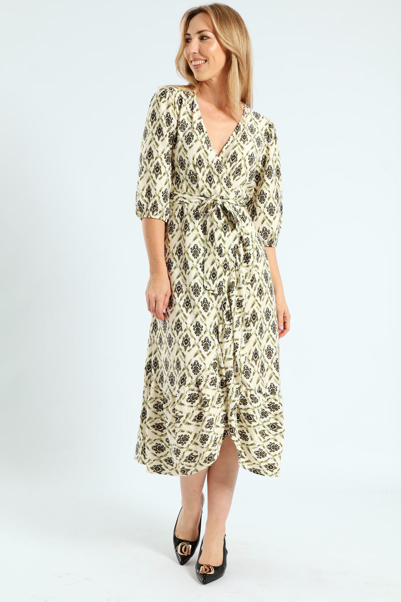 3/4 Sleeve Mock Wrap Frill Hem Midi Dress - Fatigue/Stone