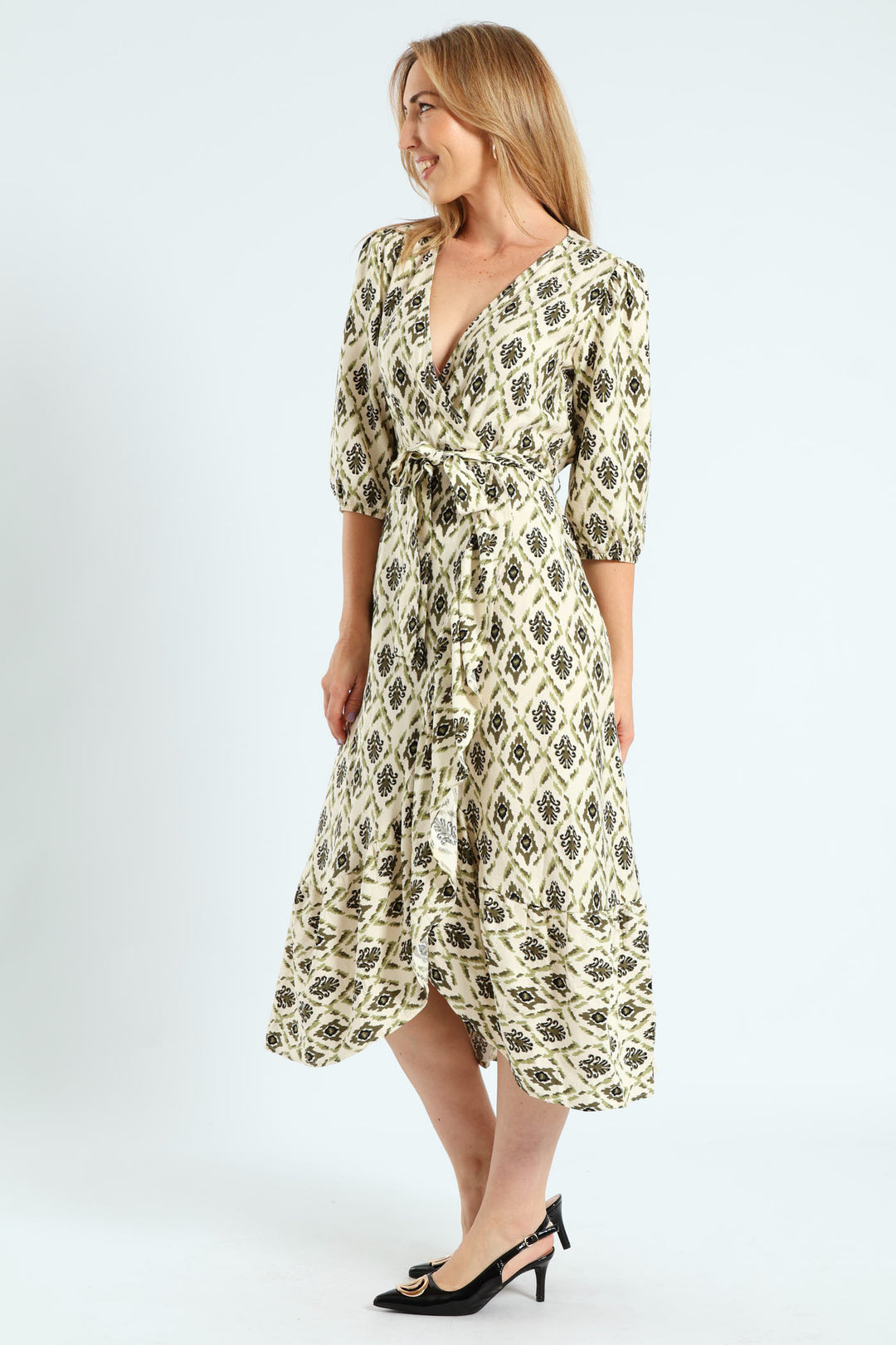 3/4 Sleeve Mock Wrap Frill Hem Midi Dress - Fatigue/Stone