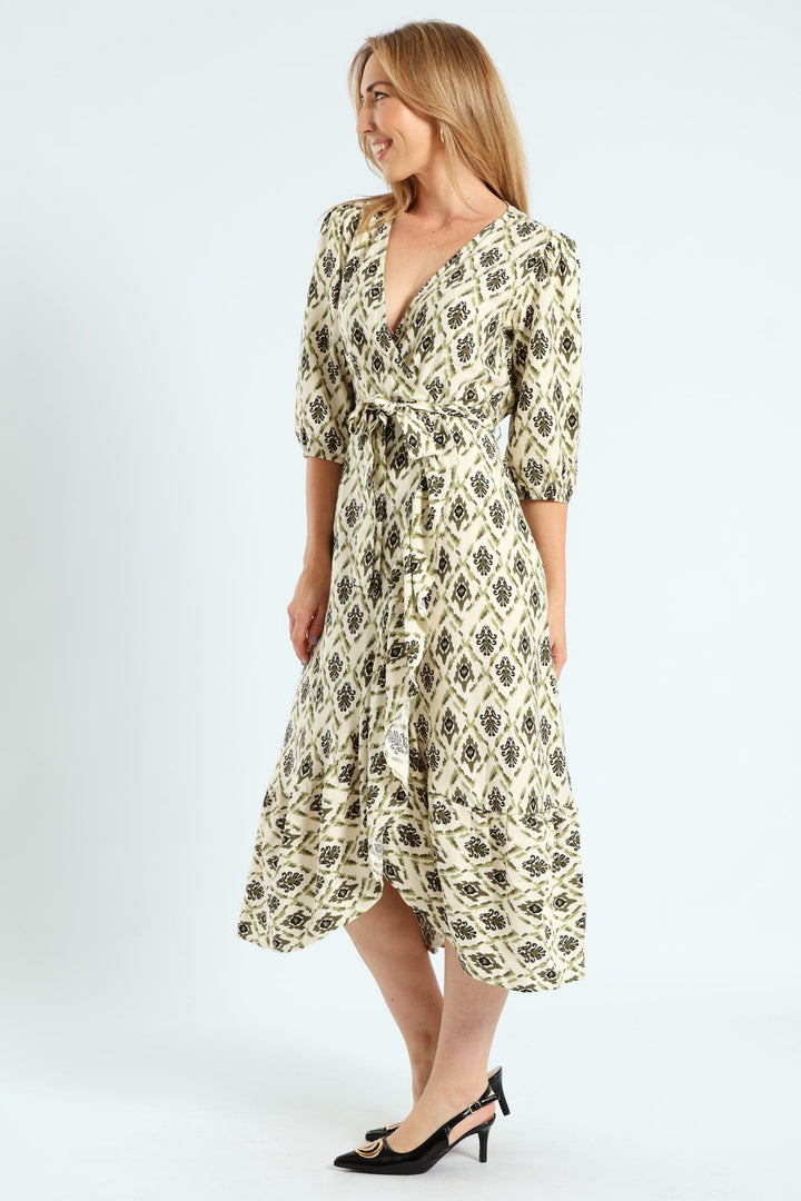 3/4 Sleeve Mock Wrap Frill Hem Midi Dress - Fatigue/Stone