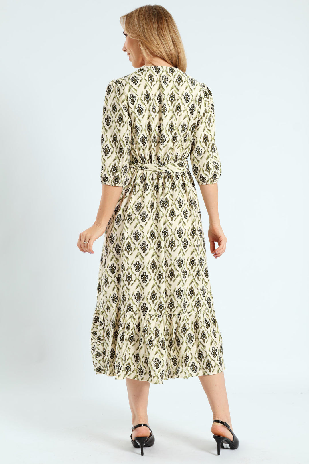 3/4 Sleeve Mock Wrap Frill Hem Midi Dress - Fatigue/Stone