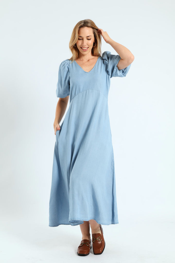 Bubble Sleeve V-Neck Pocket Midaxi Dress - Light Wash