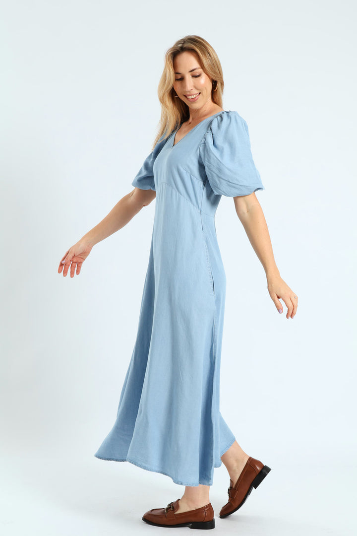 Bubble Sleeve V-Neck Pocket Midaxi Dress - Light Wash