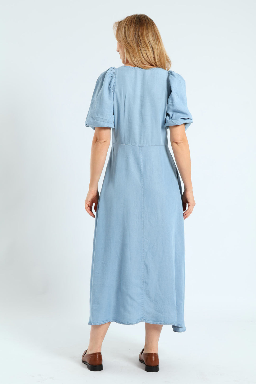 Bubble Sleeve V-Neck Pocket Midaxi Dress - Light Wash