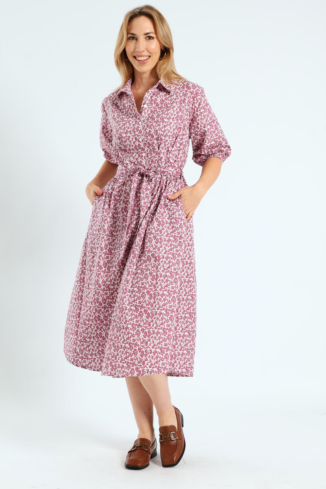 Button Through Collared Belted Midi Dress - Lilac