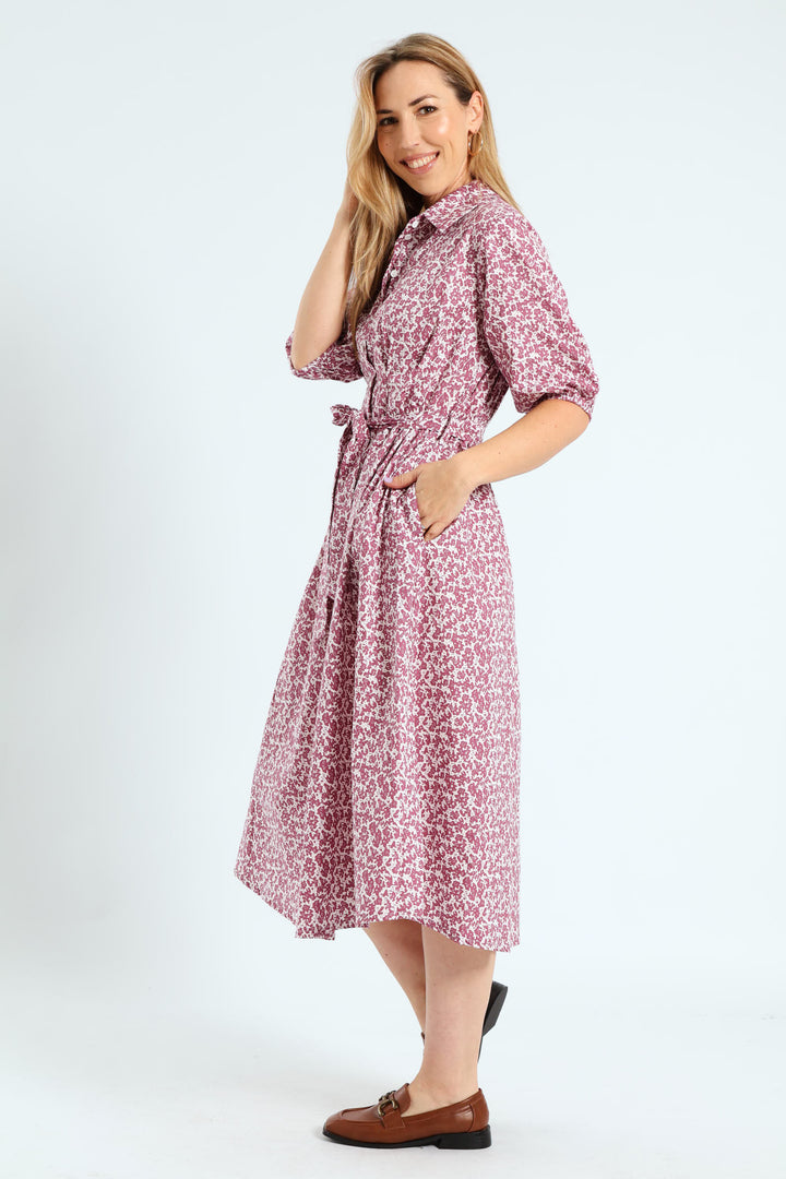 Button Through Collared Belted Midi Dress - Lilac