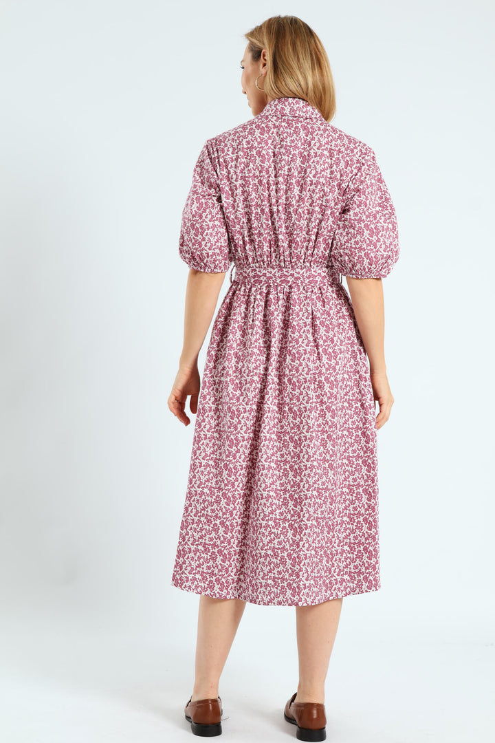 Button Through Collared Belted Midi Dress - Lilac