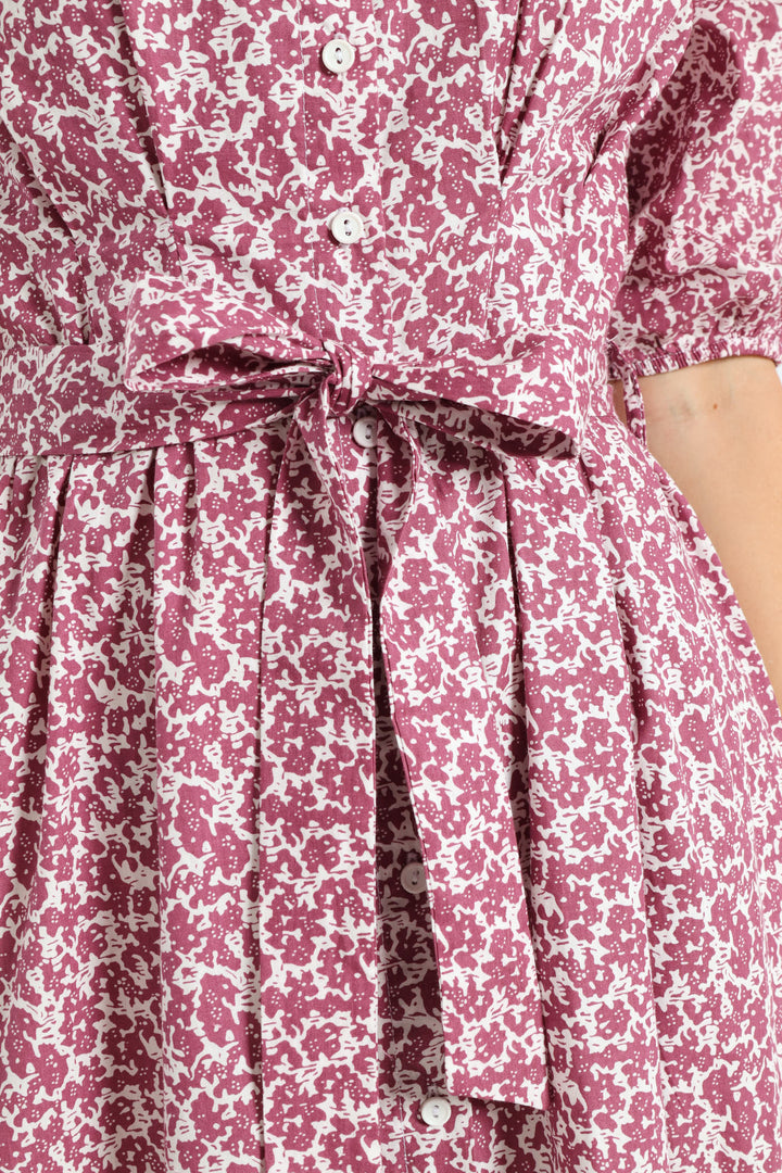 Button Through Collared Belted Midi Dress - Lilac