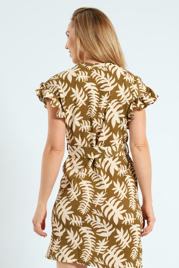 Frill Sleeve Belted Pleated Knit Shift Mini Dress - Avocado