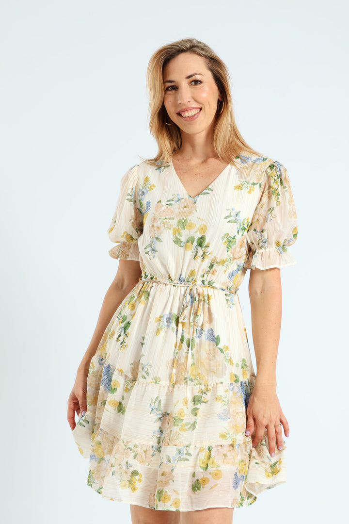 V-Neck Waisted Floral Frill Hem Tea Dress - Cream