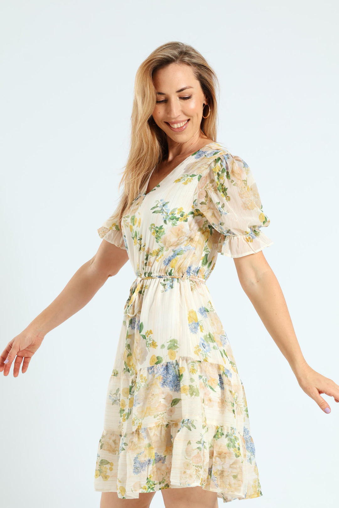 V-Neck Waisted Floral Frill Hem Tea Dress - Cream