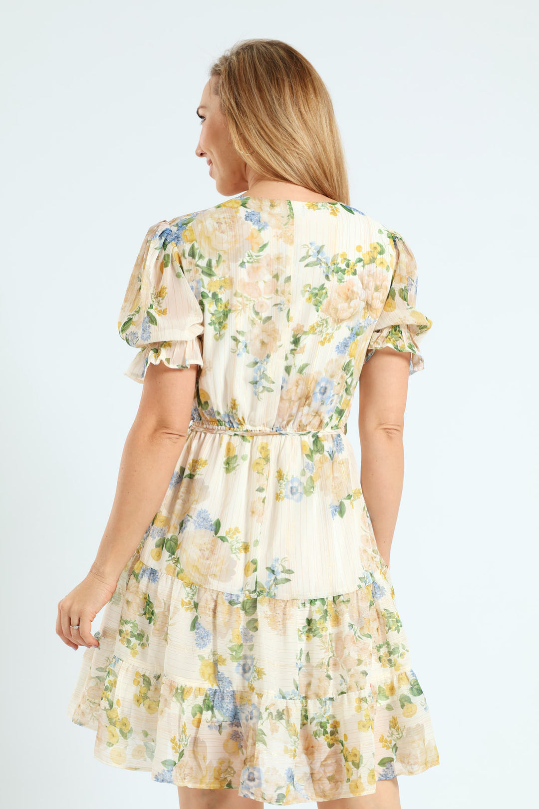 V-Neck Waisted Floral Frill Hem Tea Dress - Cream