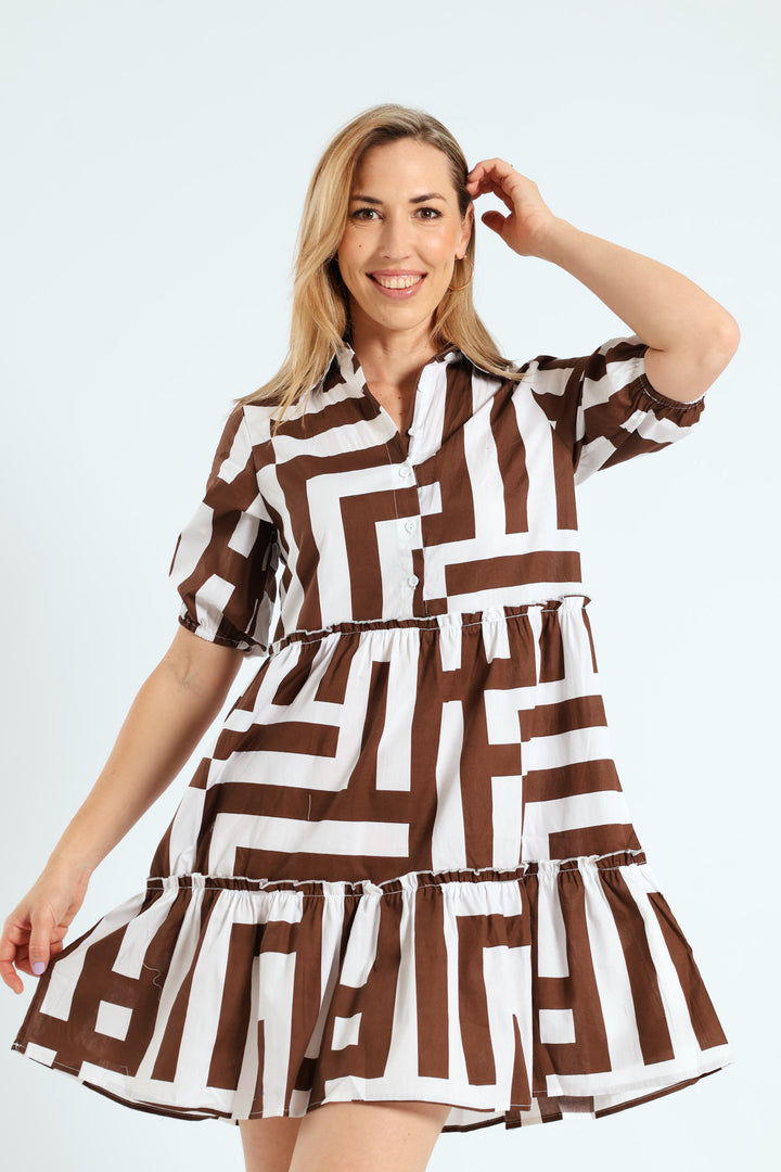 3/4 Sleeve Half Placket Frill Tiered Shirt Mini Dress - Brown/White