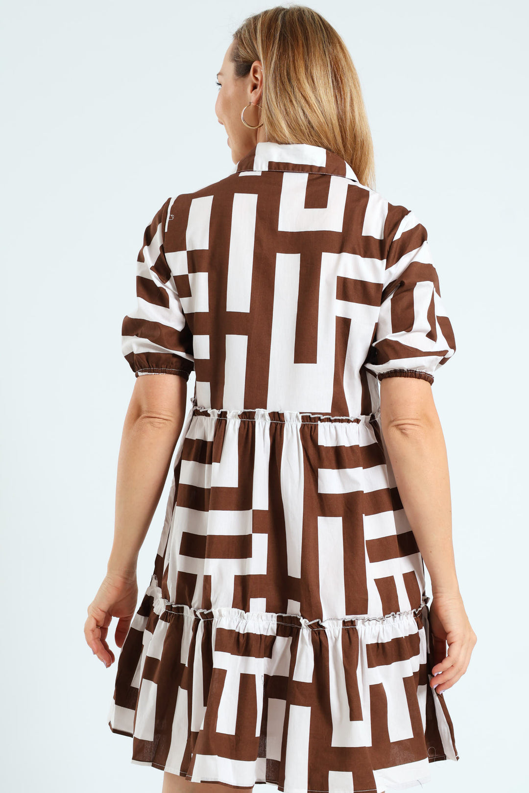 3/4 Sleeve Half Placket Frill Tiered Shirt Mini Dress - Brown/White