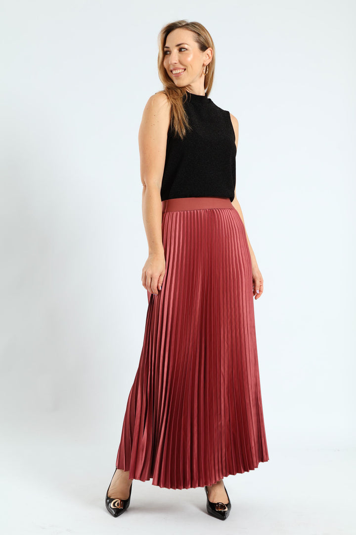 Pleated Satin Maxi Skirt - Deco Rose