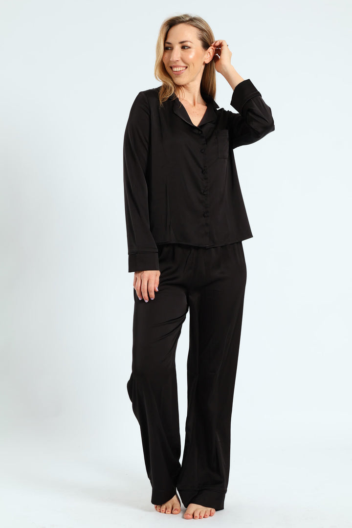 Long Sleeve Button Through Top & Pants Satin Set - Black
