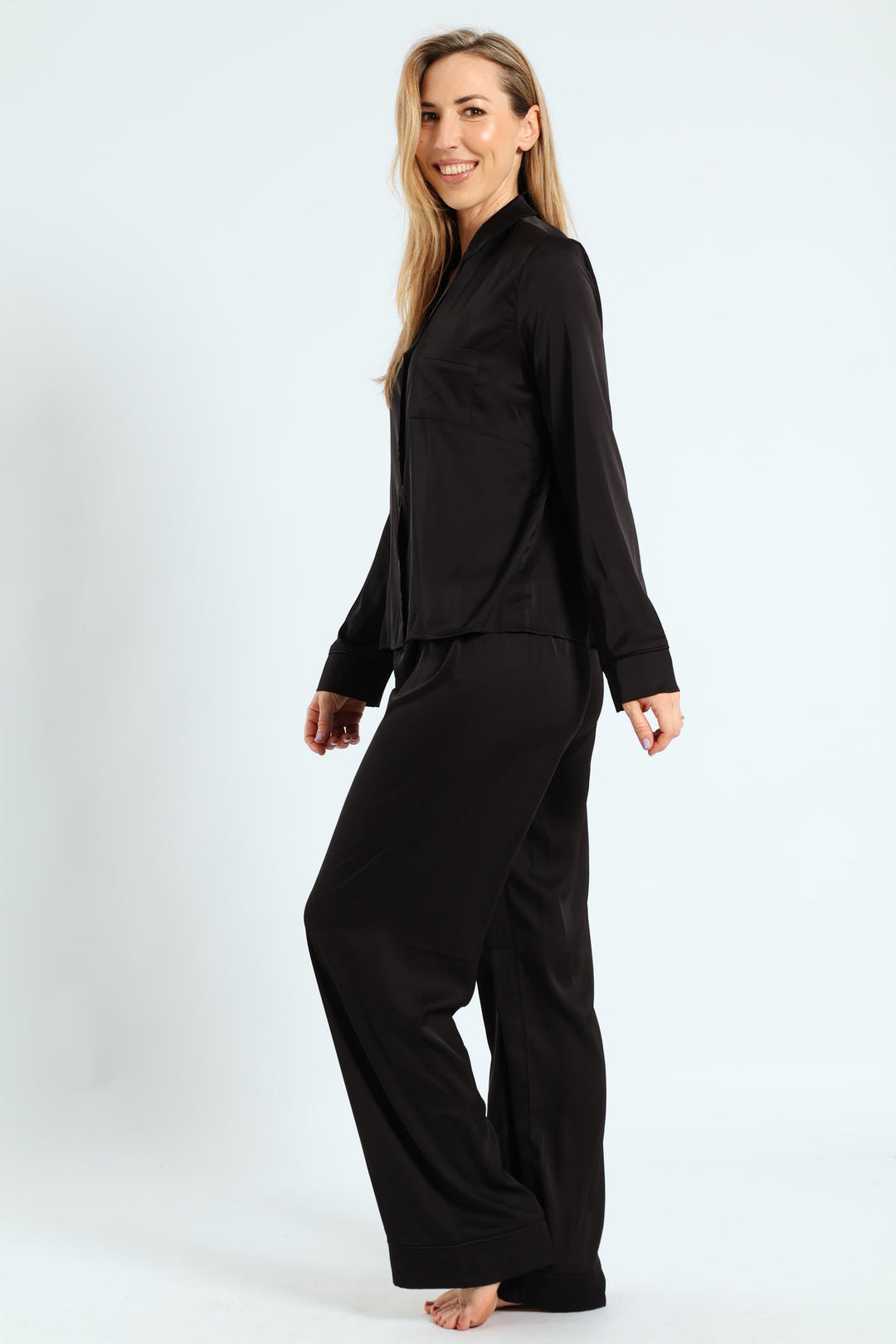 Long Sleeve Button Through Top & Pants Satin Set - Black