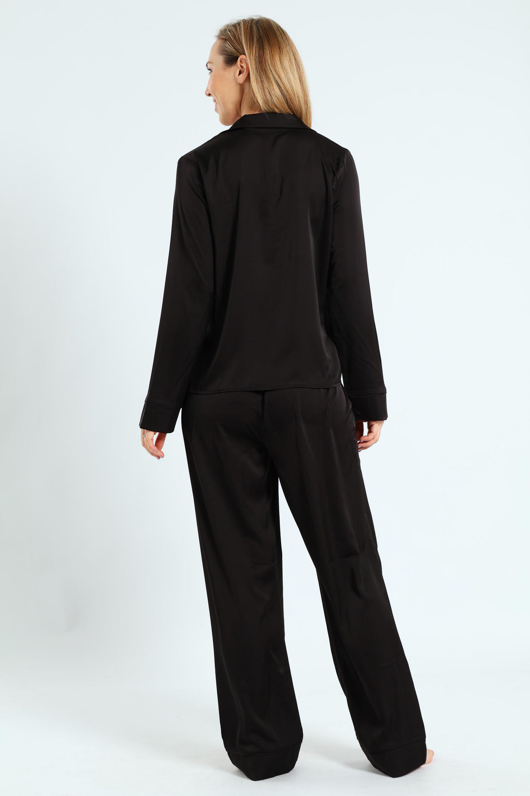 Long Sleeve Button Through Top & Pants Satin Set - Black