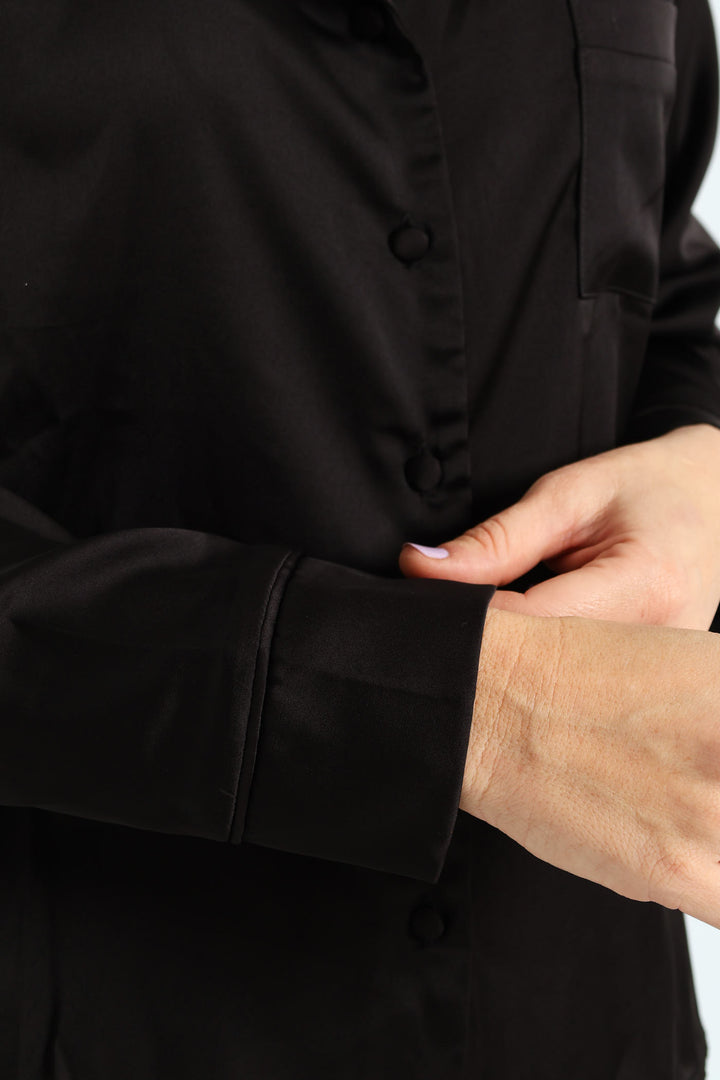 Long Sleeve Button Through Top & Pants Satin Set - Black