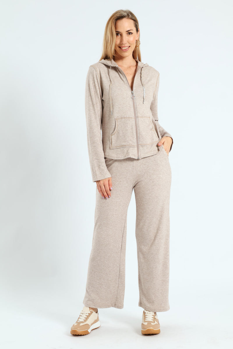 Long Sleeve Zip Through Leisure Hoodie - Oatmeal Melange