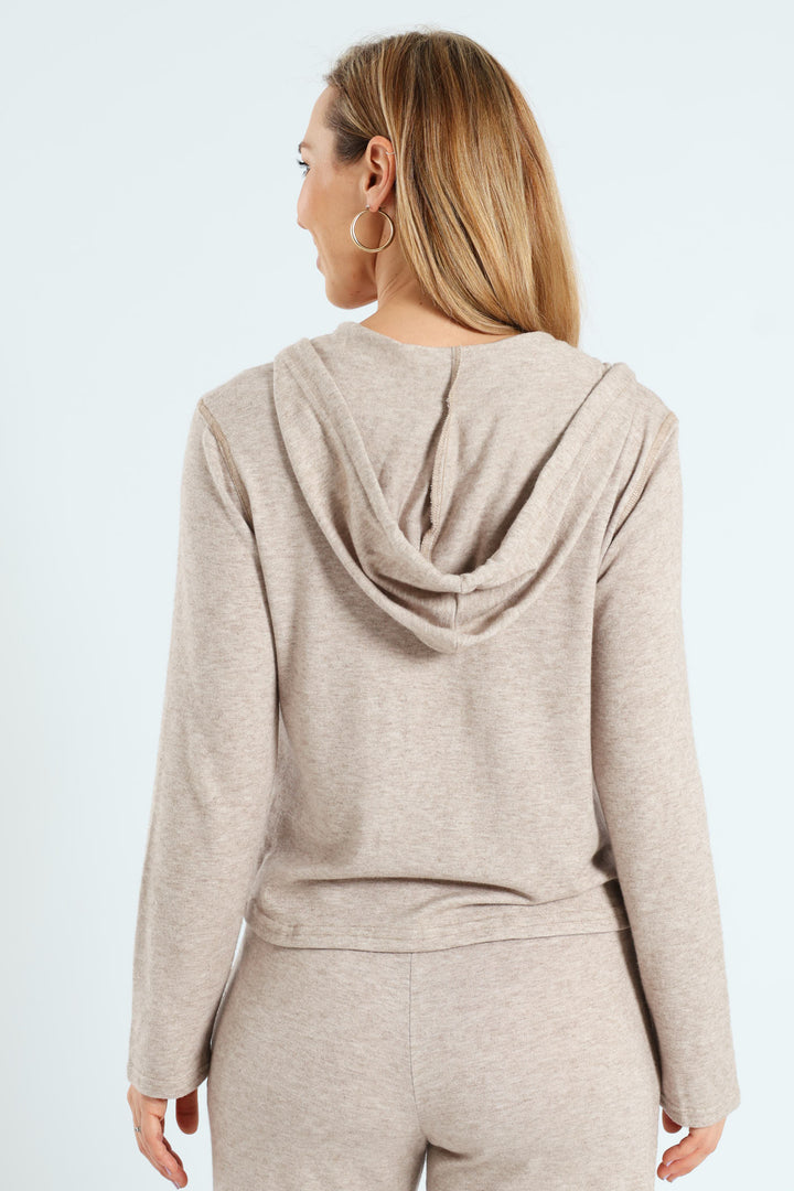Long Sleeve Zip Through Leisure Hoodie - Oatmeal Melange