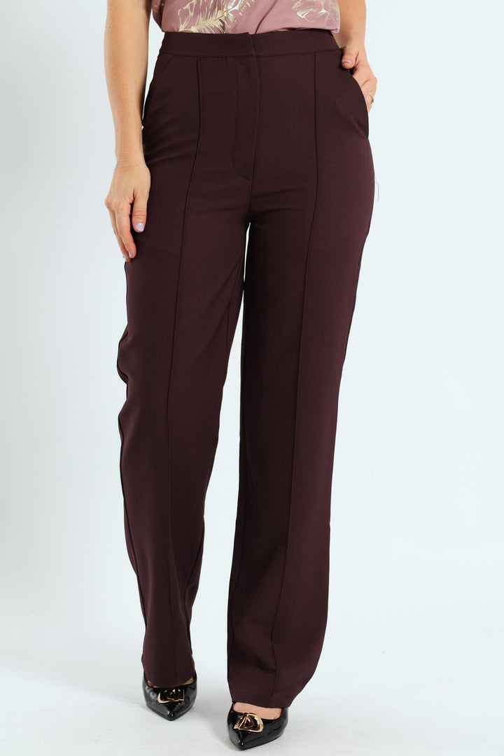 Pin Tuck Twill Straight Leg Pants - Bitter Chocolate