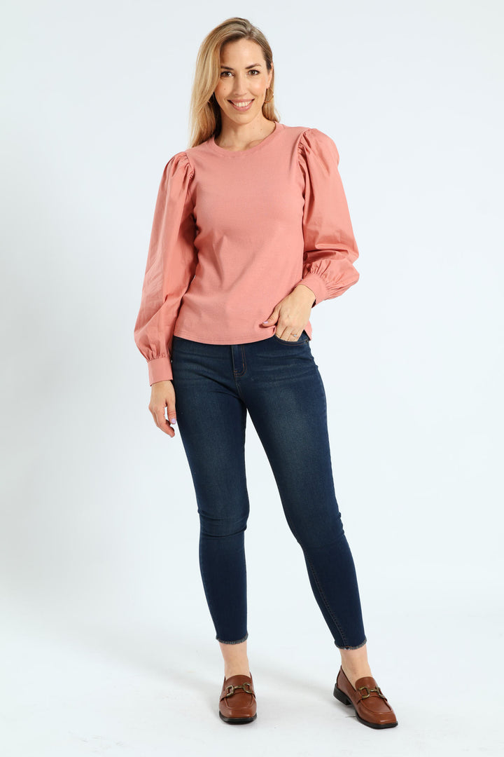 Long Puff Sleeve Rib Combo Tee - Dusty Rose