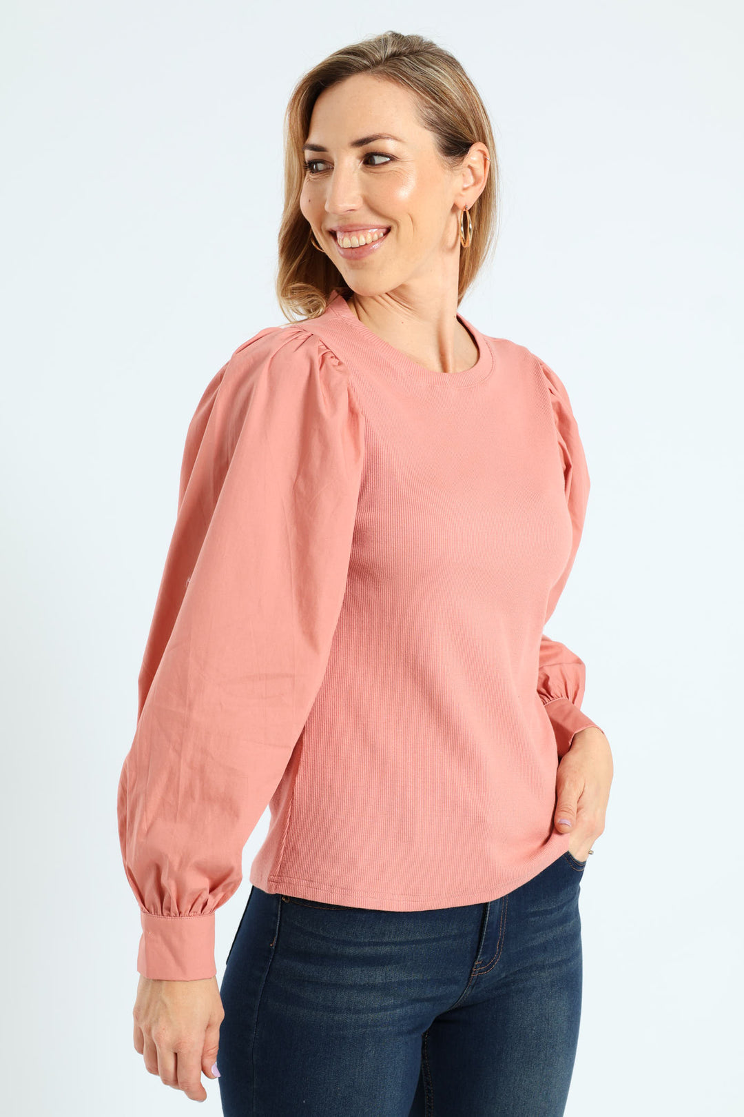 Long Puff Sleeve Rib Combo Tee - Dusty Rose