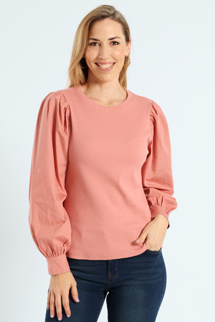 Long Puff Sleeve Rib Combo Tee - Dusty Rose