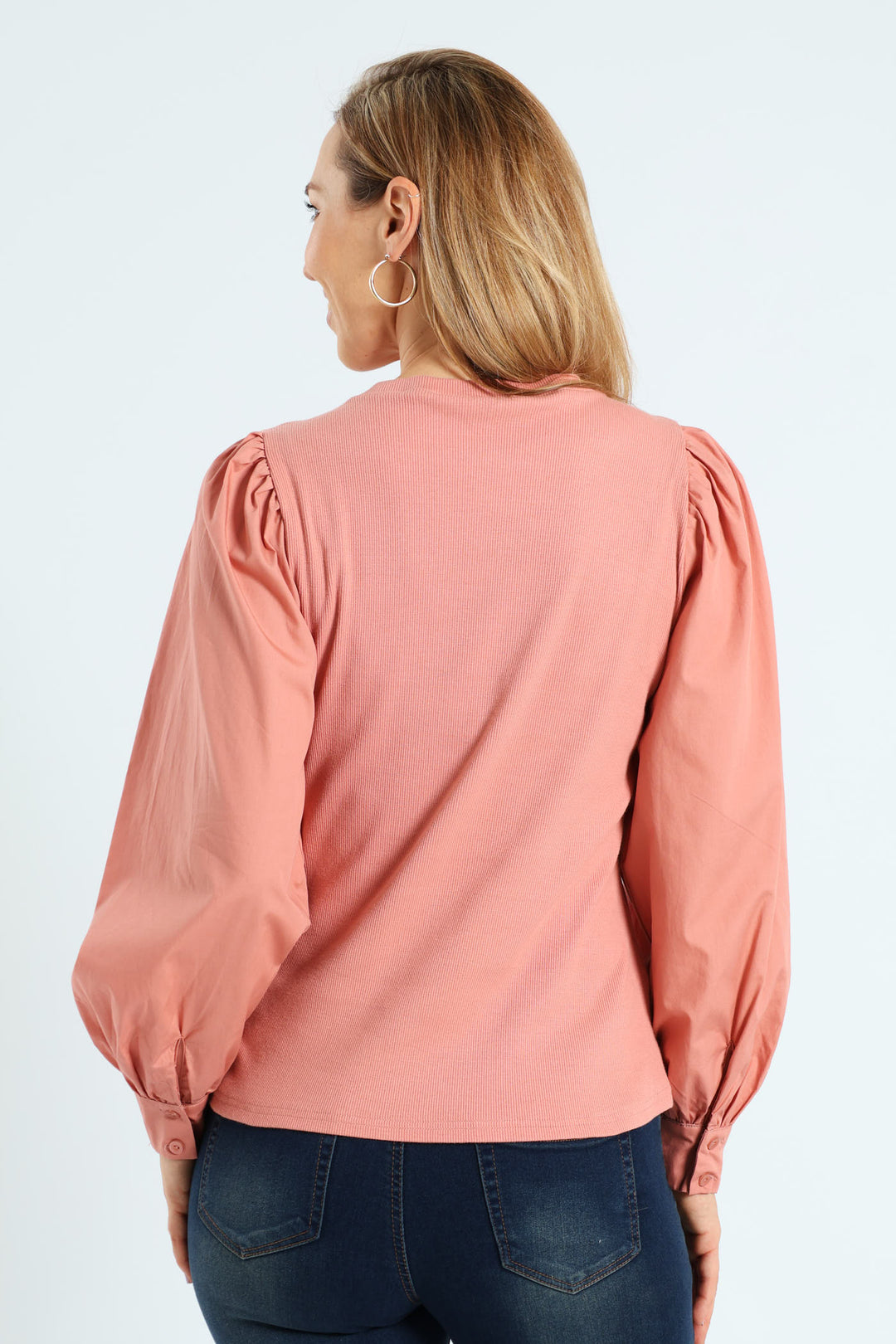 Long Puff Sleeve Rib Combo Tee - Dusty Rose