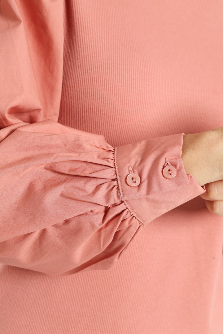 Long Puff Sleeve Rib Combo Tee - Dusty Rose