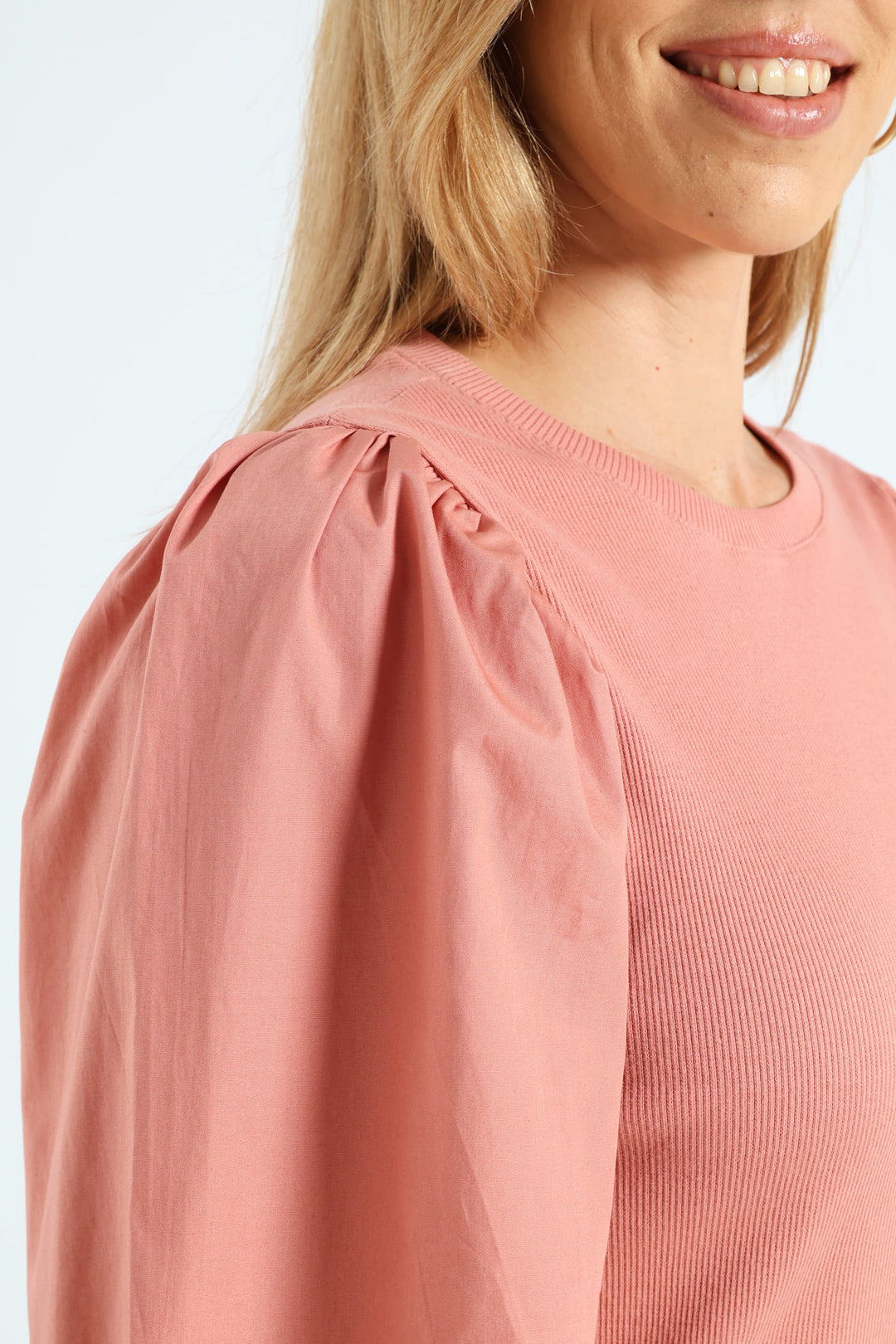 Long Puff Sleeve Rib Combo Tee - Dusty Rose