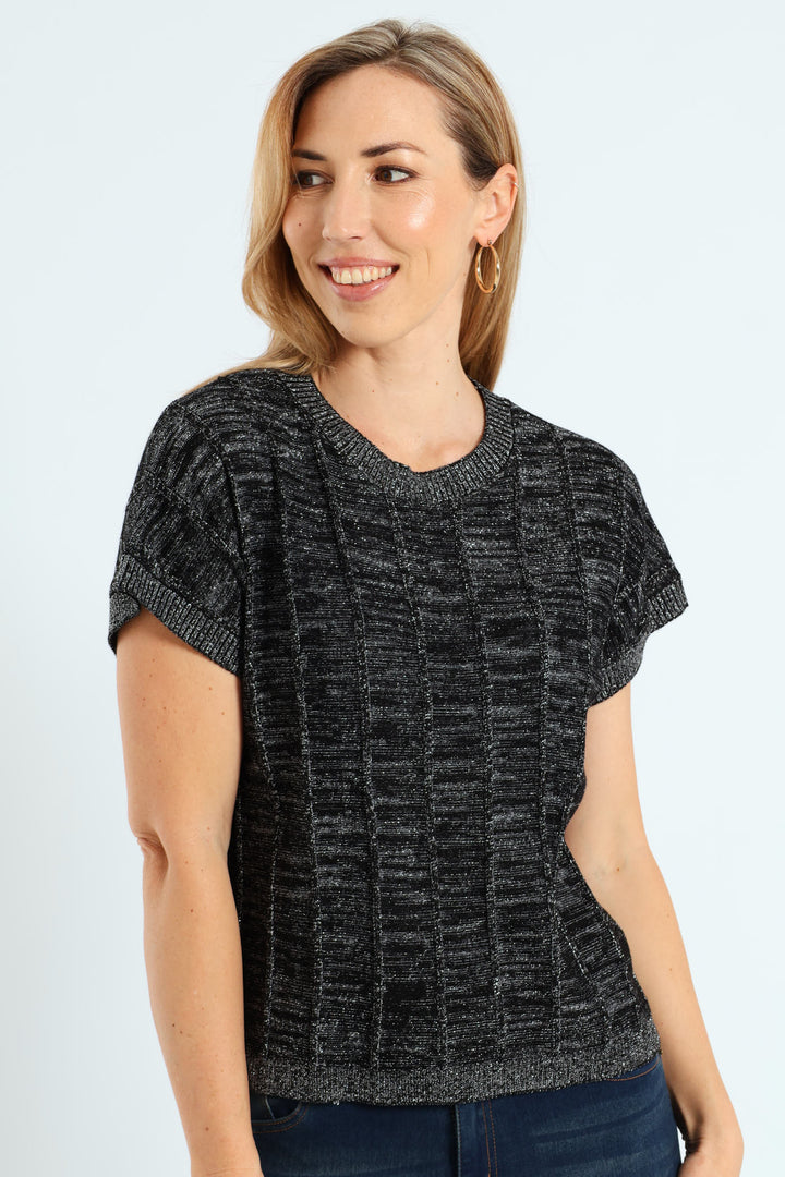 Lurex Pintuck Grown On Sweater - Black