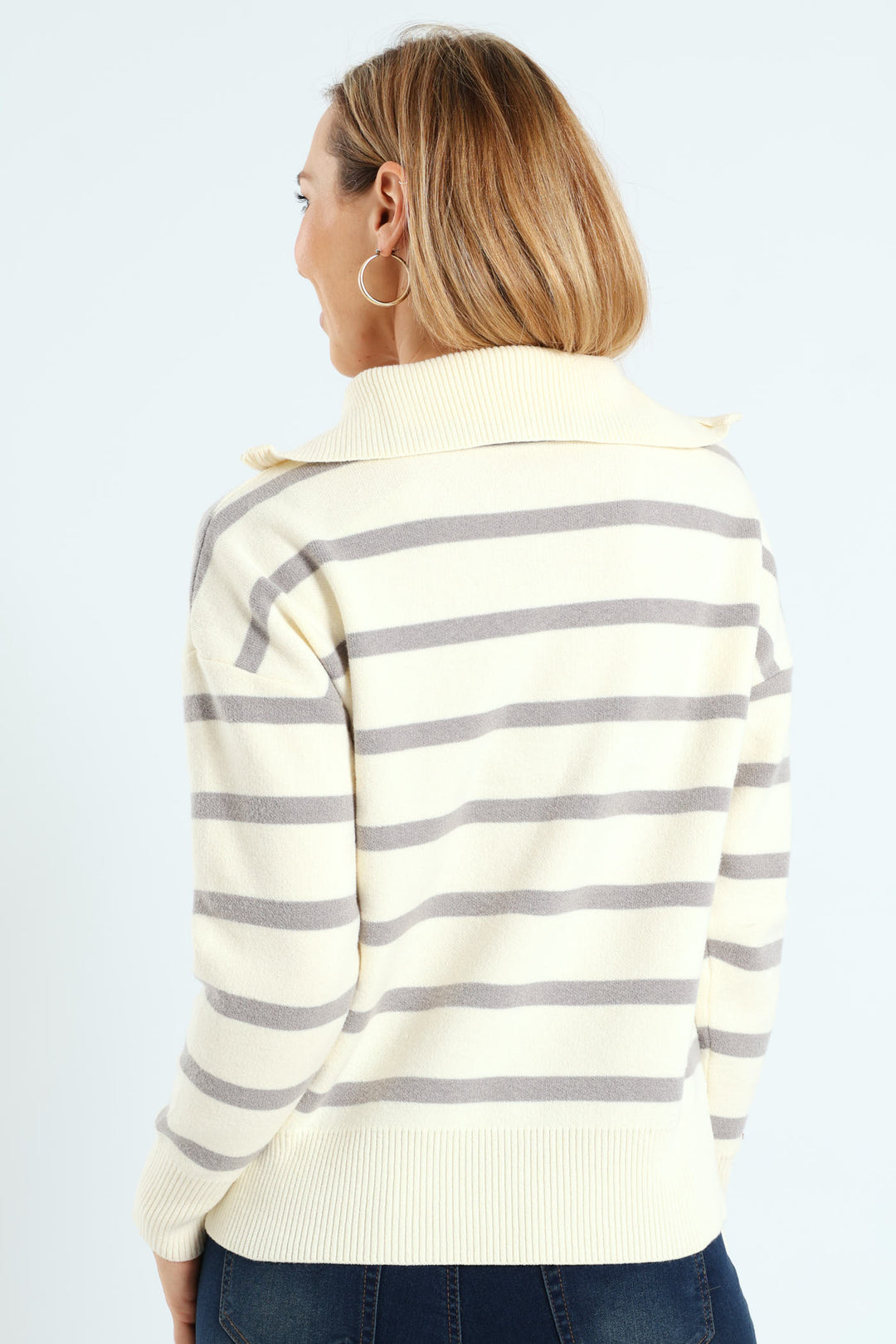 Funnel Neck Zip Pullover - Cream/Grey