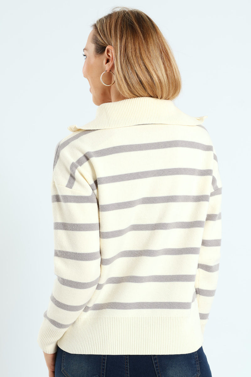 Funnel Neck Zip Pullover - Cream/Grey