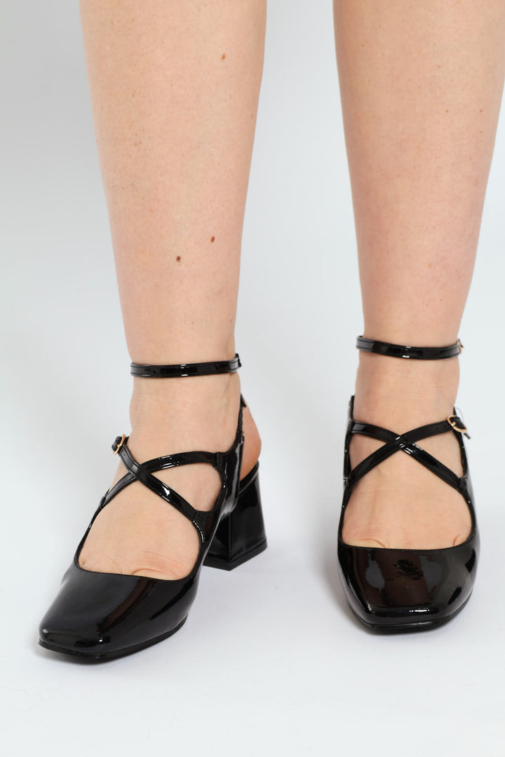 Patent Multi Strap Heeled Mary Jane - Black