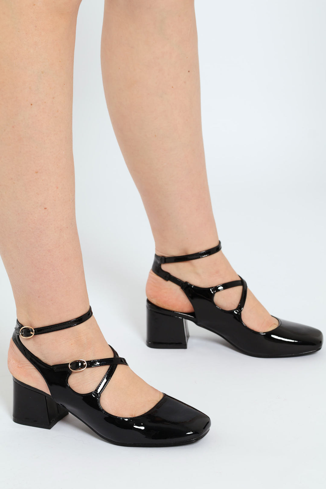 Patent Multi Strap Heeled Mary Jane - Black