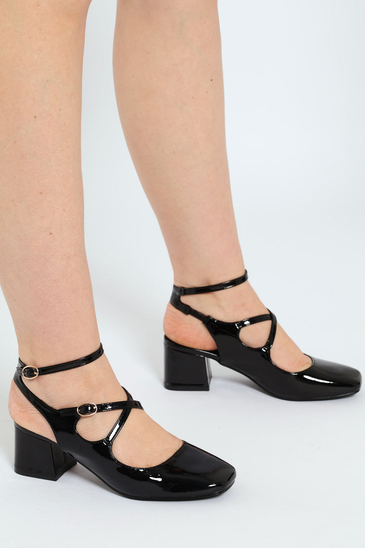 Patent Multi Strap Heeled Mary Jane - Black