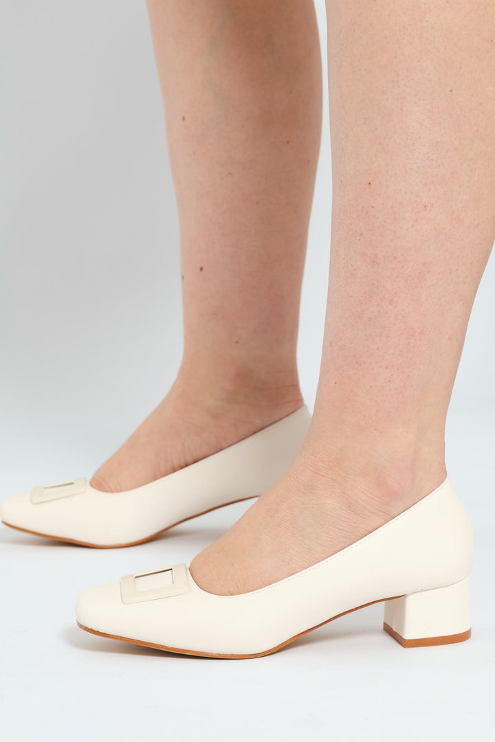 Square Toe Block Court Heel With Trim - Cream