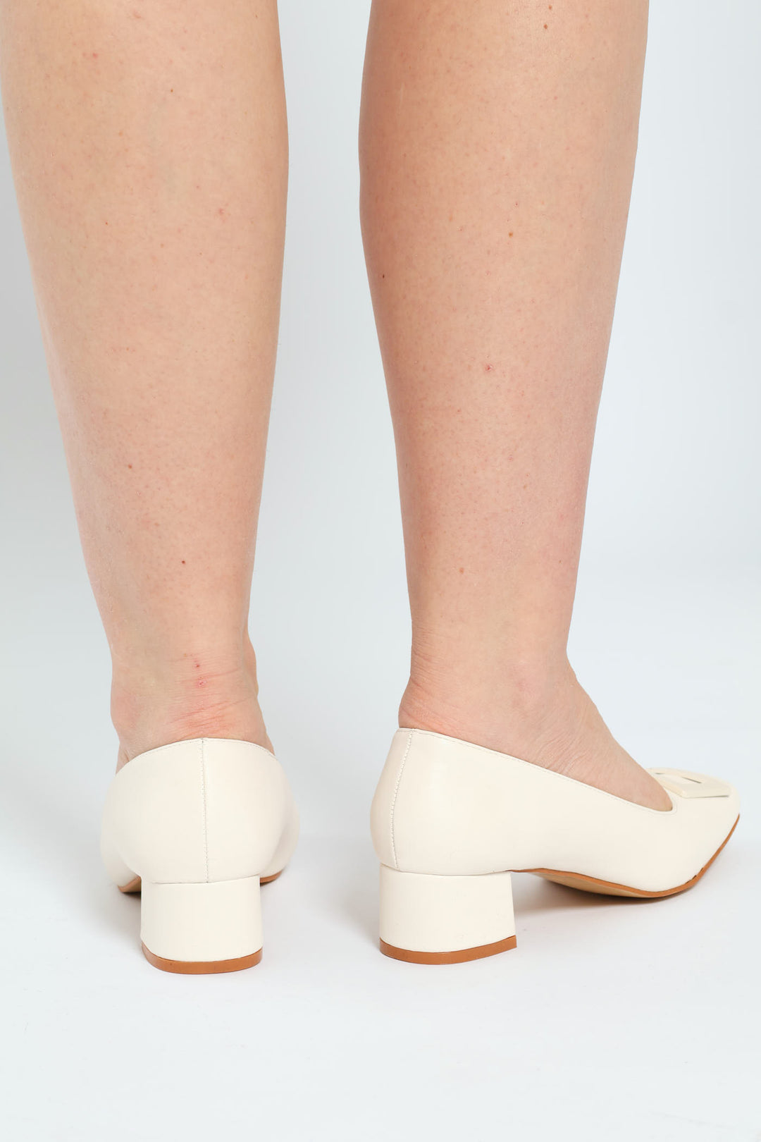 Square Toe Block Court Heel With Trim - Cream