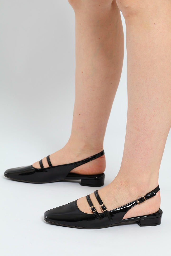 Double Buckle Mary Jane Slingback Mule - Black