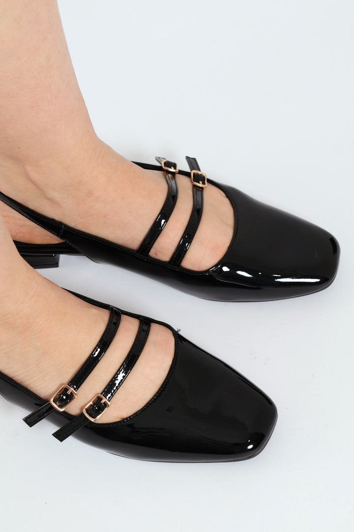 Double Buckle Mary Jane Slingback Mule - Black