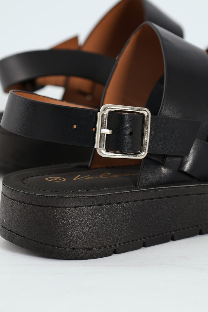 Slingback Double Strap Comfort Mule Sandal - Black