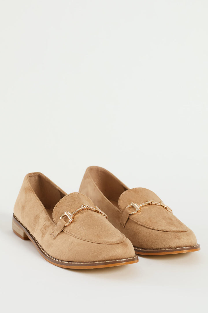 Microfibre Flat Gold Trim Loafer - Taupe
