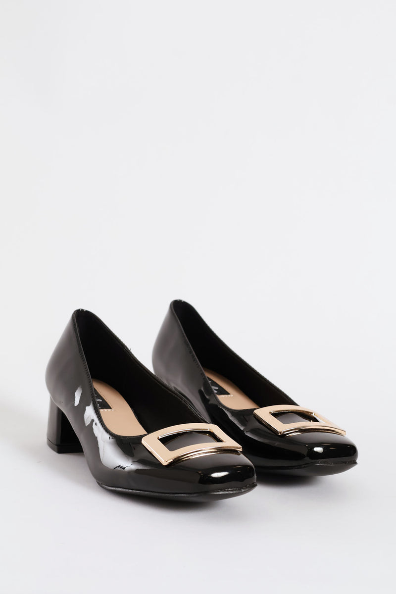 Square Toe Block Court Heel With Trim - Black