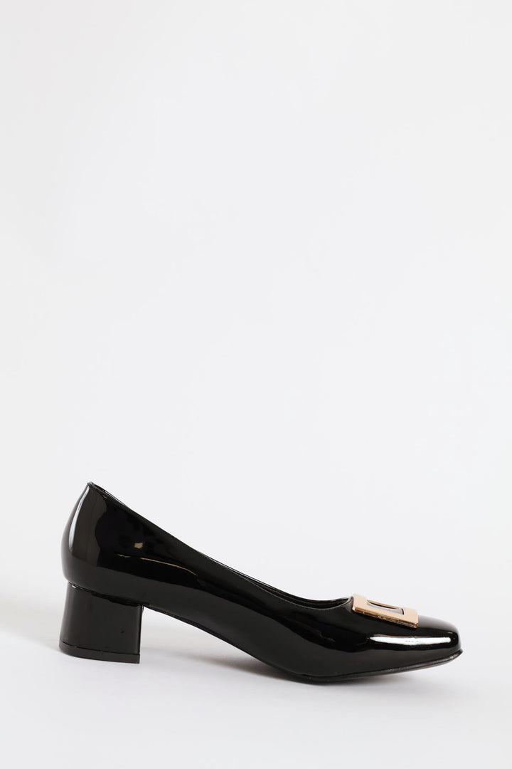 Square Toe Block Court Heel With Trim - Black