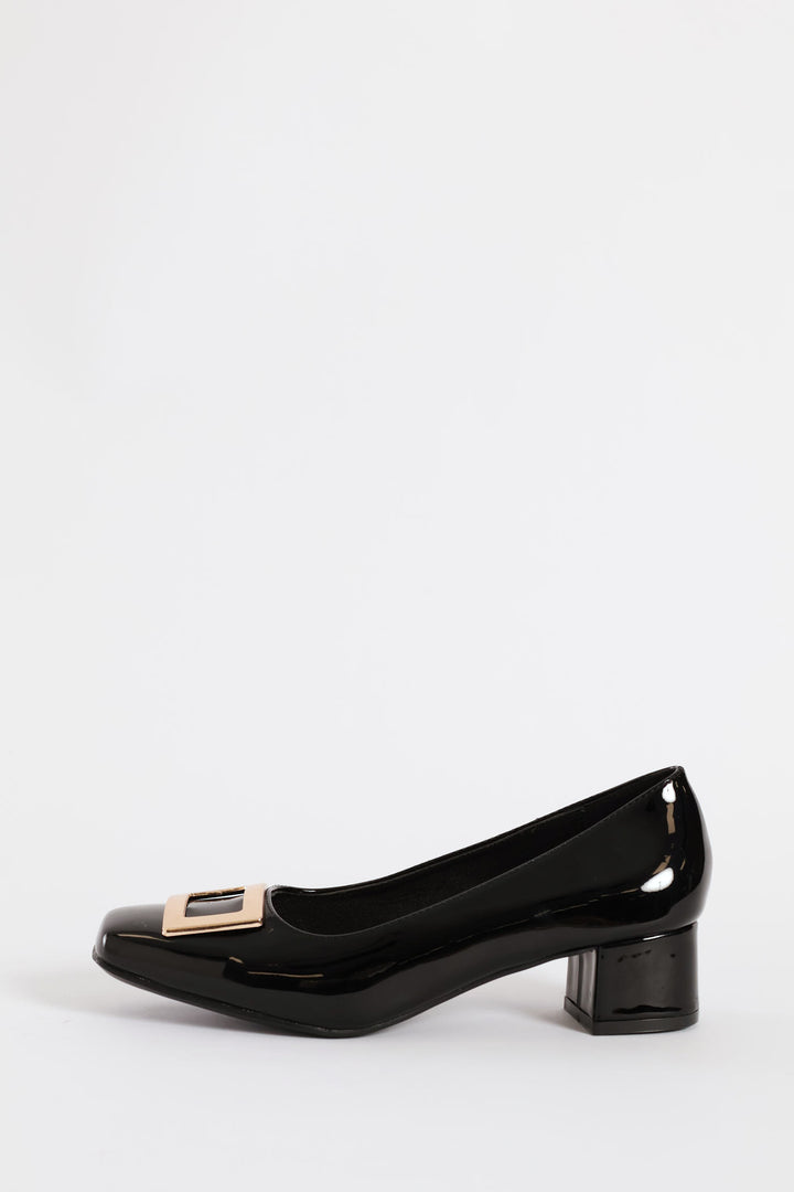 Square Toe Block Court Heel With Trim - Black